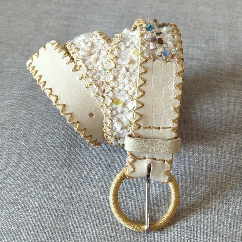 Ivory Genuine Leather Beaded Belt Gold Whipstitch Sequin Boho Western